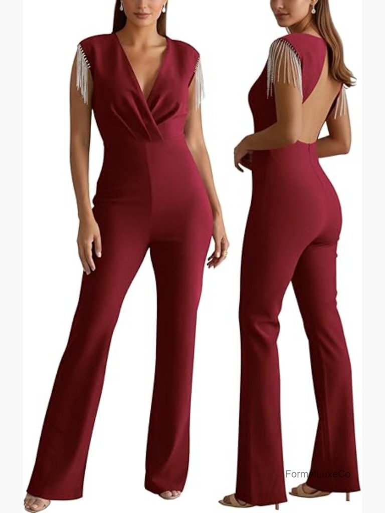 Dressy Wide Leg Jumpsuit With Deep V Neck And Open Back